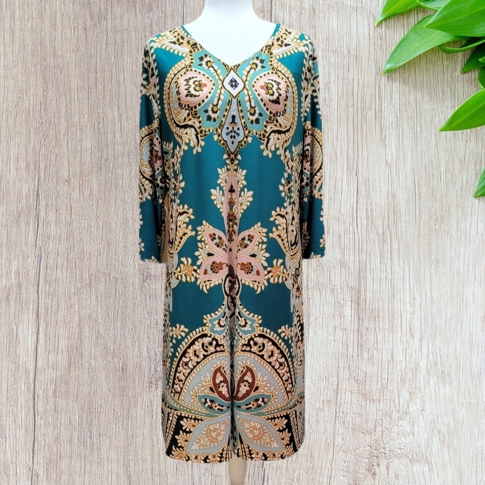 Chico's Fleur-Print Tapestry Teal Paisley Dress.